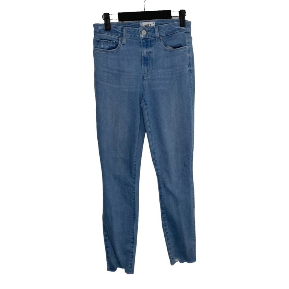 Paige Hoxton Ankle High Rise Skinny Jeans Light Blue Raw Hem Size 27